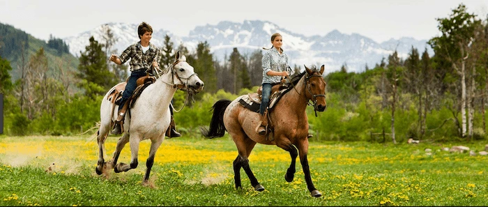 Confident plus-size woman riding Dunfermline a horse through a field with a smile on her face.